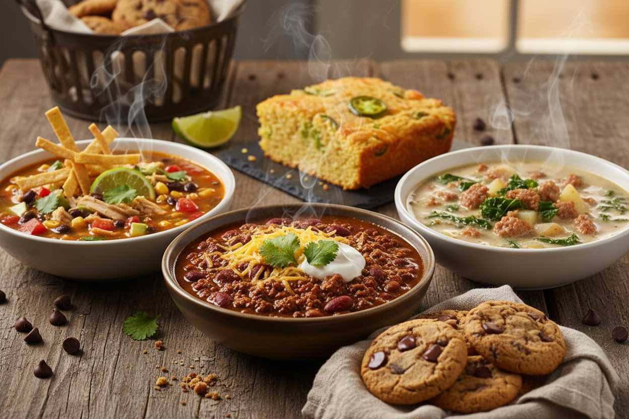 create an image with chili, signature zuppa and chicken tortilla soup, jalepeno corn bread and chocolate chip cookies